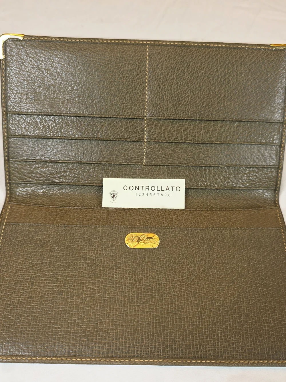 Vintage Gucci Brown Long Leather Wallet with Gold Corner Hardware. Unisex.